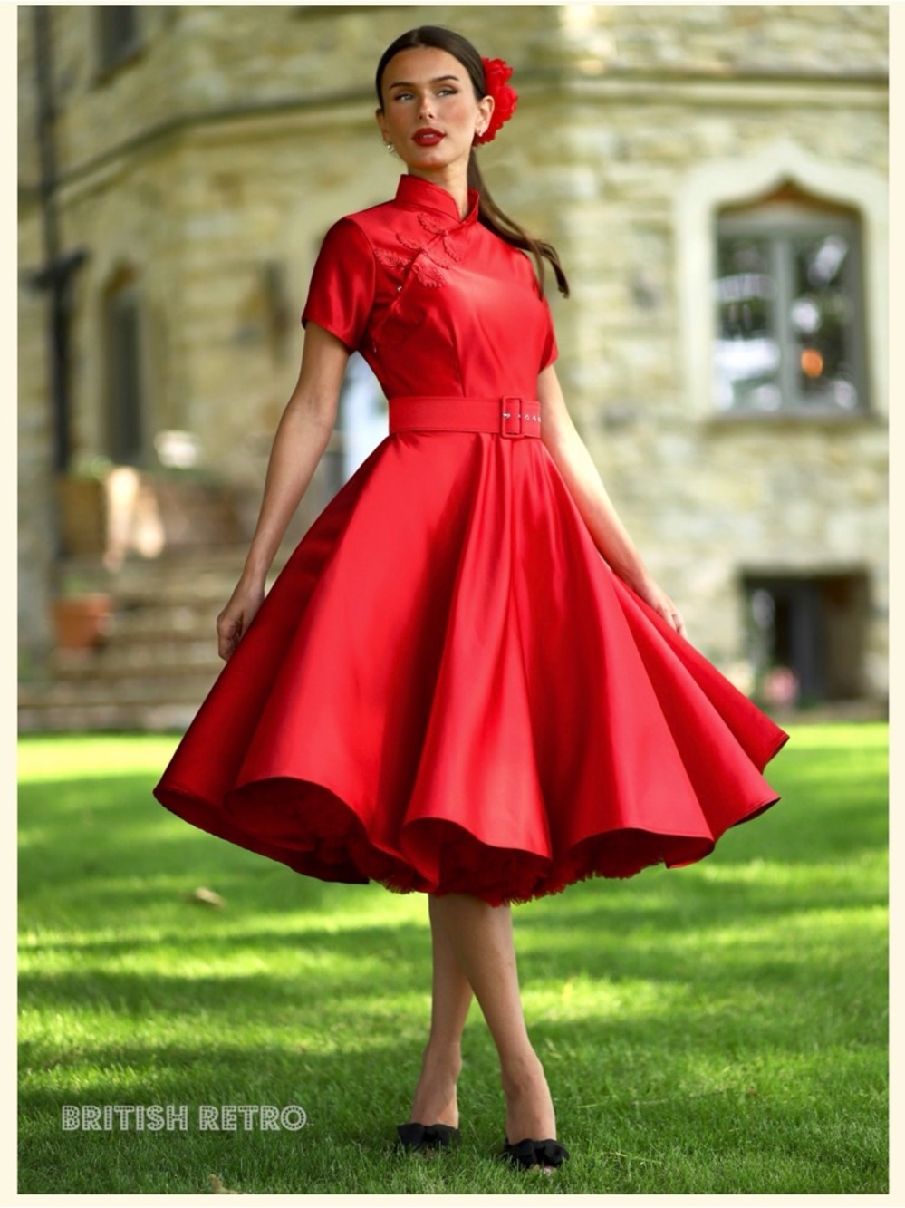 British Retro Jasmine Duchess Satin Rouge 50s Style Evening Dress